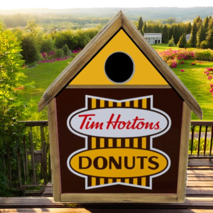 A handcrafted Tim Hortons-inspired birdhouse made from wood and metal, available in classic and Drive-Thru designs.

