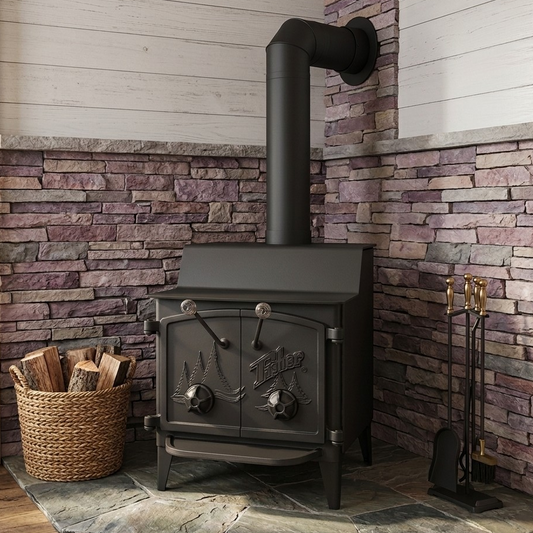 Fisher Grandma Bear wood stove with cathedral doors for dependable wood heating and off-grid living.
