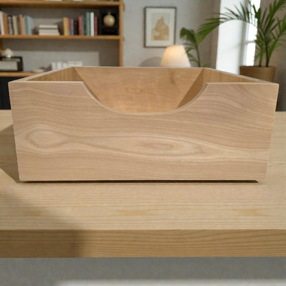 Wooden desk organizer on a desk with a blurred background