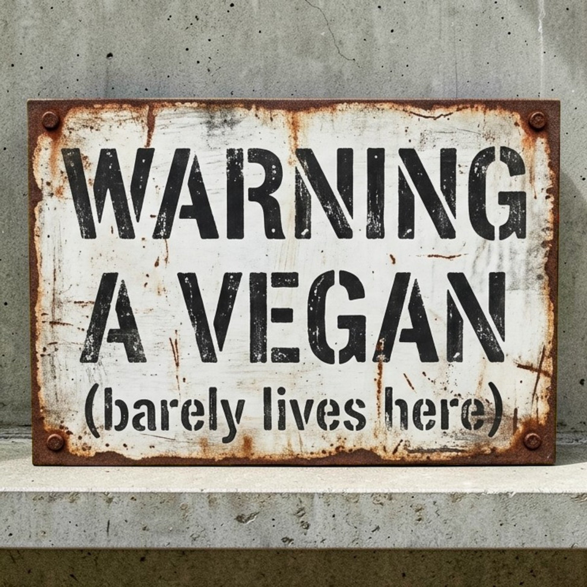 Rustic metal sign with text 'Warning: A Vegan (barely lives here)' on a concrete wall.
