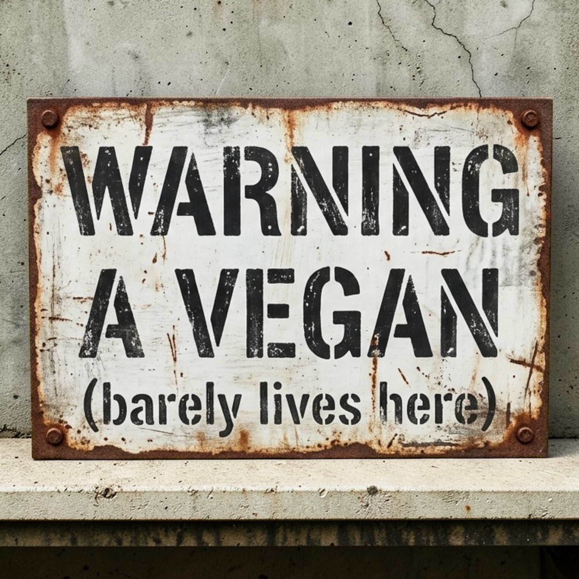 Rustic metal sign with text 'WARNING A VEGAN (barely lives here)' on a textured wall.