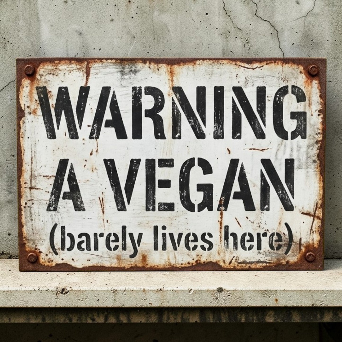 Rustic metal sign with text 'WARNING A VEGAN (barely lives here)' on a textured wall.