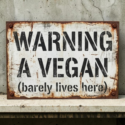 Rustic metal sign with text 'WARNING A VEGAN (barely lives here)' on a textured wall.