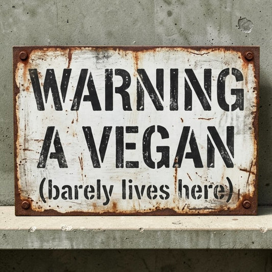 Rustic metal sign with text 'Warning: A Vegan (barely lives here)' against a concrete wall.