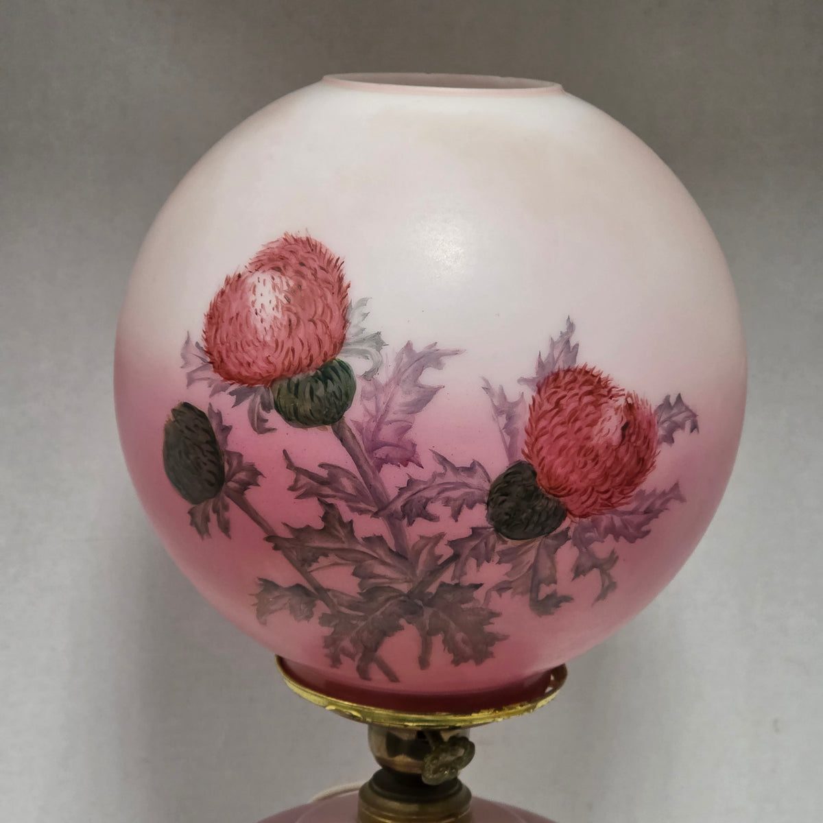 Victorian Gone With the Wind hurricane lamp with pink hand-painted thistle decoration