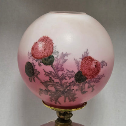 Victorian Gone With the Wind hurricane lamp with pink hand-painted thistle decoration