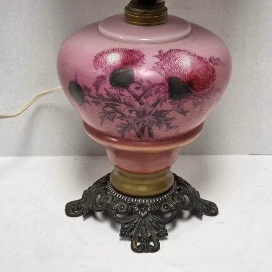Victorian Gone With the Wind hurricane lamp with pink hand-painted thistle decoration