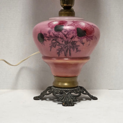 Victorian Gone With the Wind hurricane lamp with pink hand-painted thistle decoration