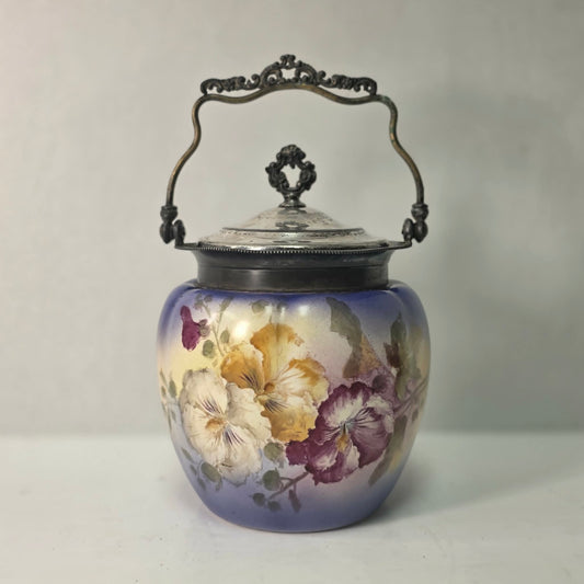 Victorian purple glass biscuit barrel with floral decoration and silver lid, circa 1880s