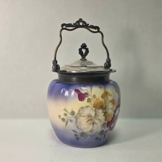 Victorian purple glass biscuit barrel with floral decoration and silver lid, circa 1880s