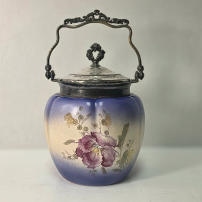 Victorian purple glass biscuit barrel with floral decoration and silver lid, circa 1880s