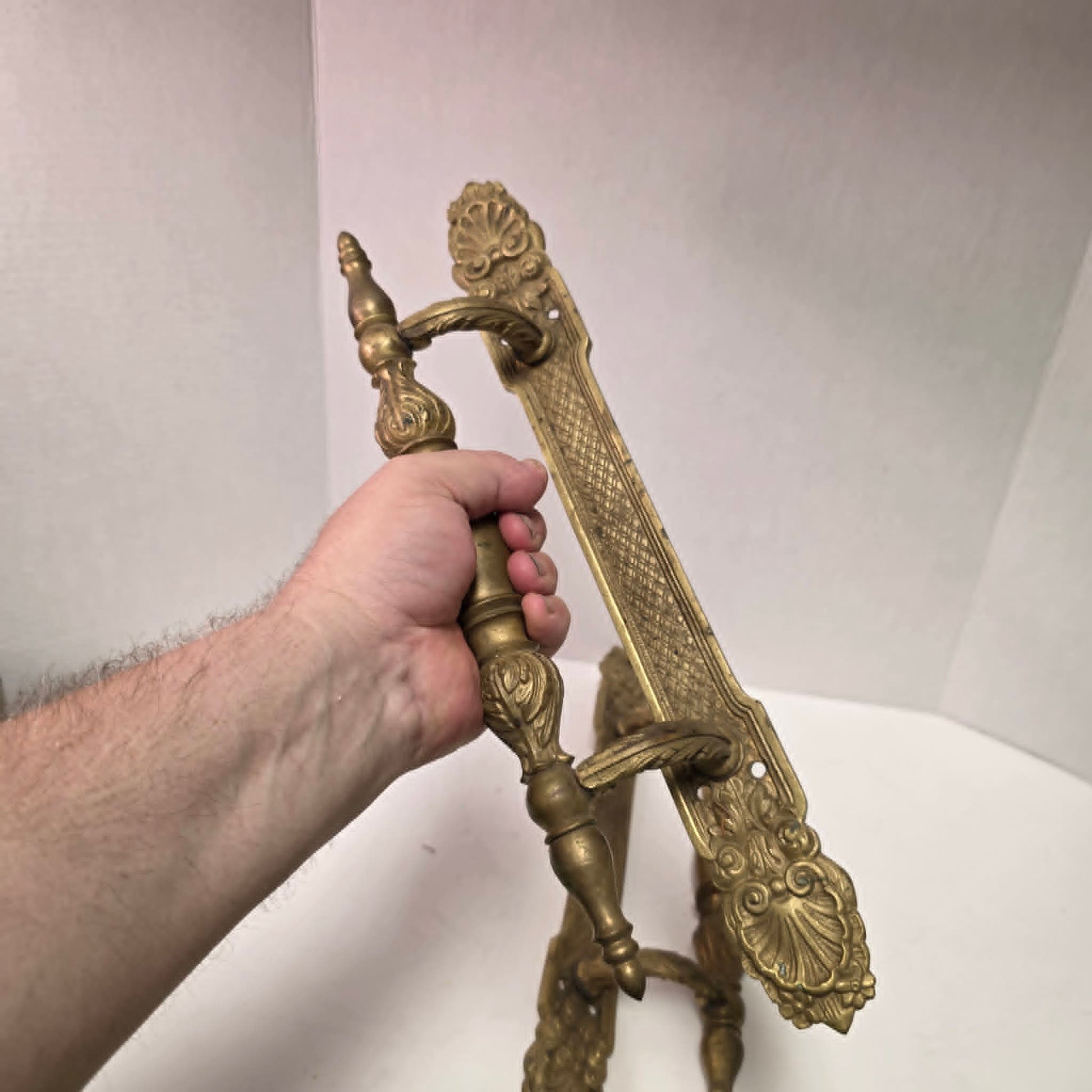 Pair of large Victorian brass bronze hotel door handles with butterfly design, crosshatched plates, and shell details. Antique architectural salvage hardware.