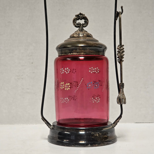 Victorian cranberry glass cruet with bird claw tongs
