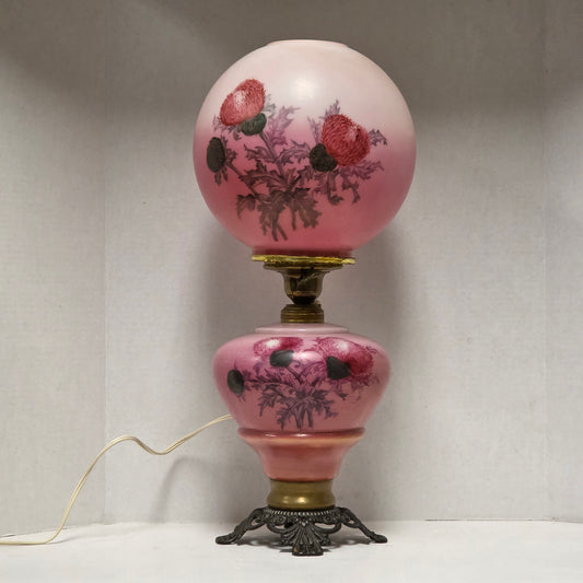 Victorian Gone With the Wind hurricane lamp with pink hand-painted thistle decoration