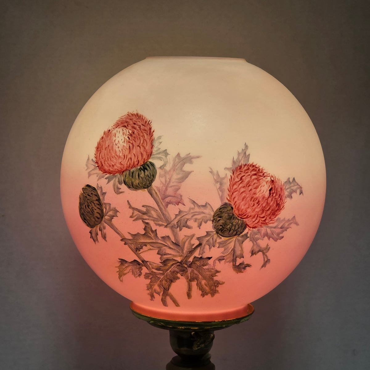 Victorian Gone With the Wind hurricane lamp with pink hand-painted thistle decoration