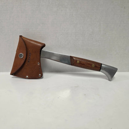 A beautifully crafted vintage camping axe featuring a rosewood handle, sharp stainless steel blade, and quality leather sheath.
