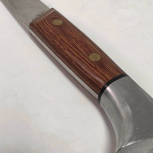 A beautifully crafted vintage camping axe featuring a rosewood handle, sharp stainless steel blade, and quality leather sheath.
