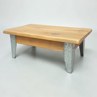 Handmade reclaimed cedar and barn metal serving riser with rustic charm.