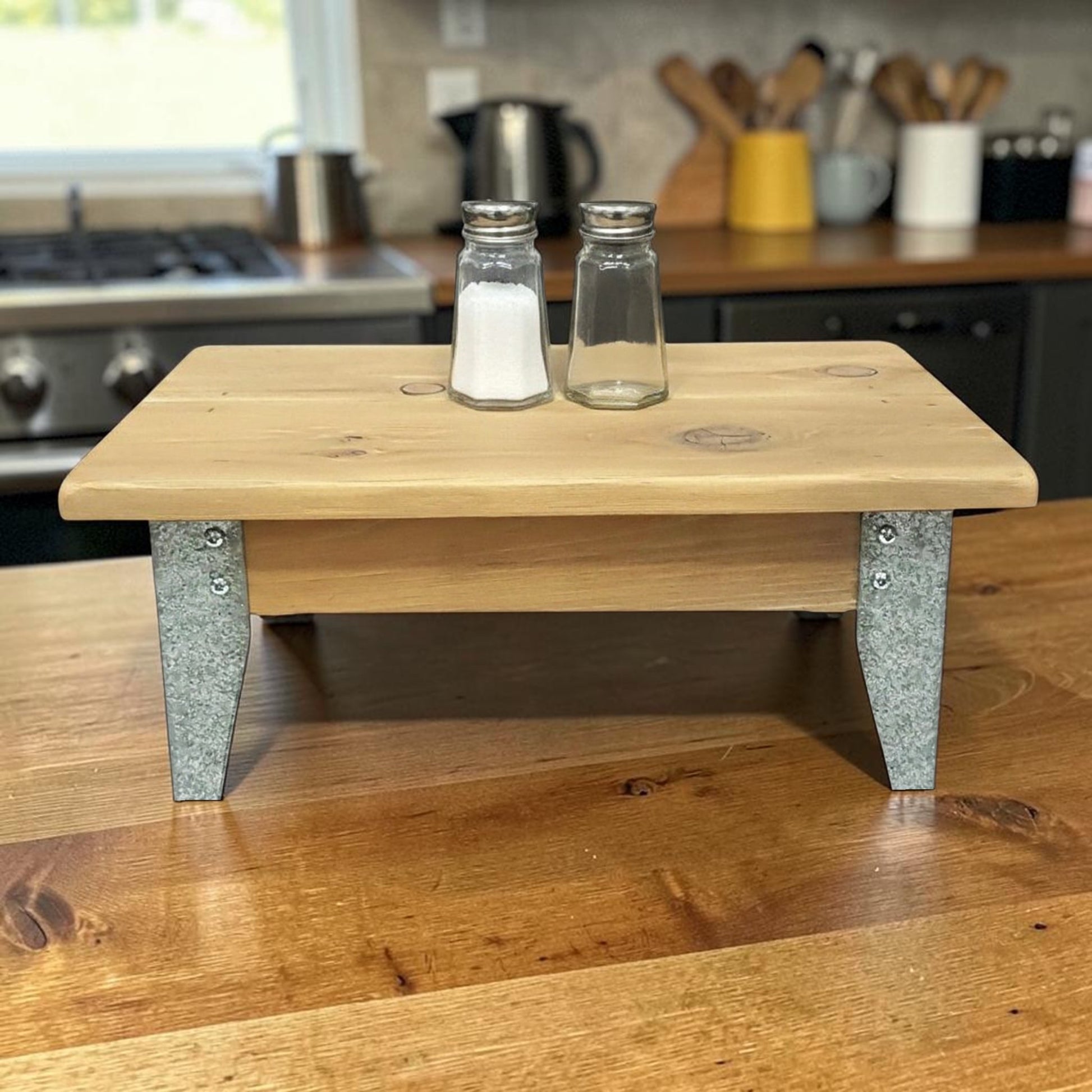 Handmade reclaimed cedar and barn metal serving riser with rustic charm.