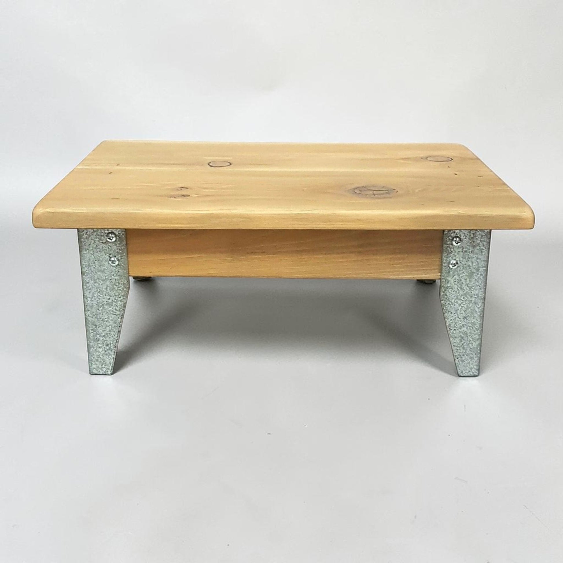 Handmade reclaimed cedar and barn metal serving riser with rustic charm.