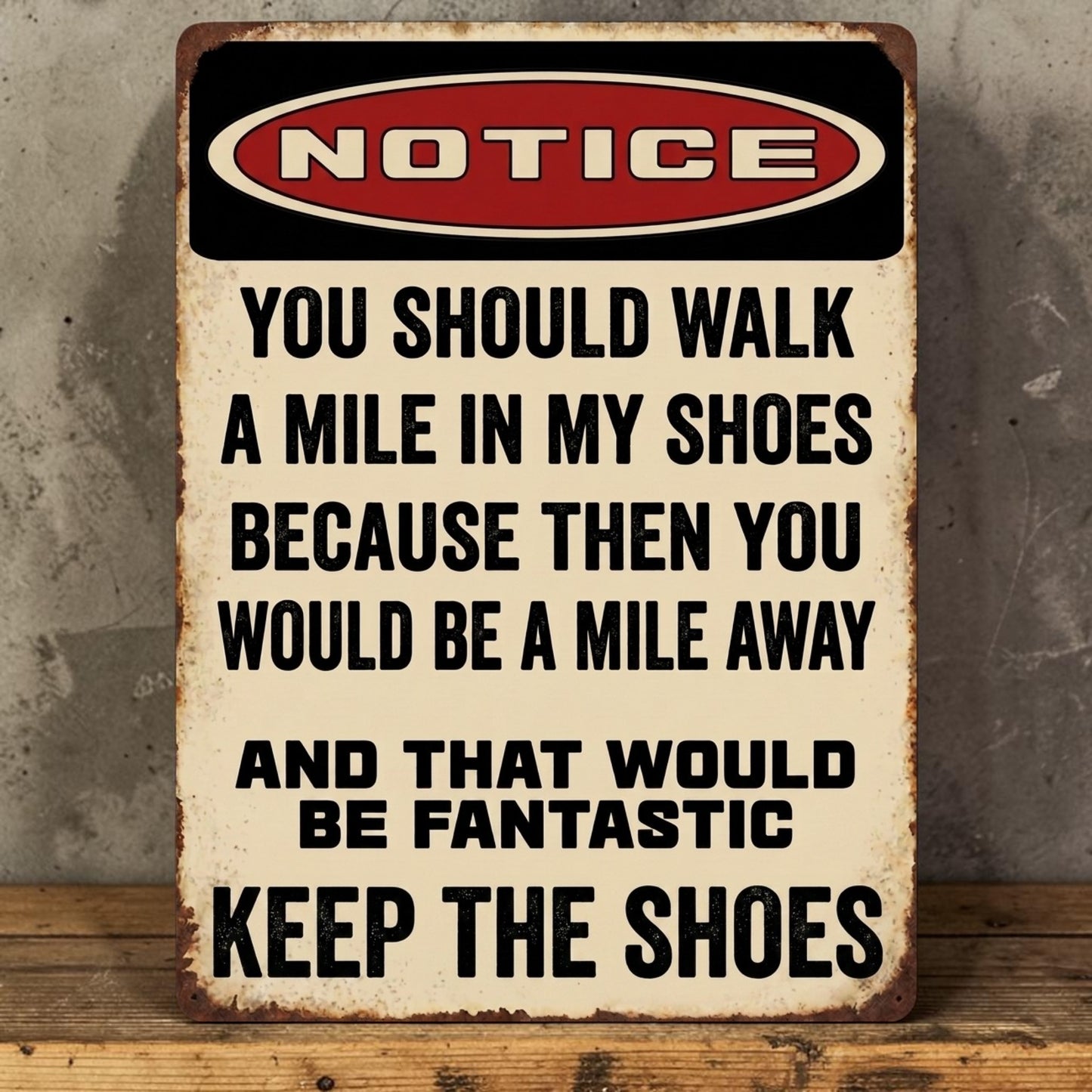 Notice You Should Walk a Mile in My Shoes Sign – Funny Industrial Aluminum Man Cave Decor