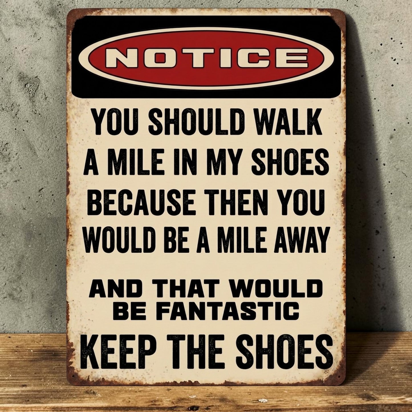 Notice You Should Walk a Mile in My Shoes Sign – Funny Industrial Aluminum Man Cave Decor