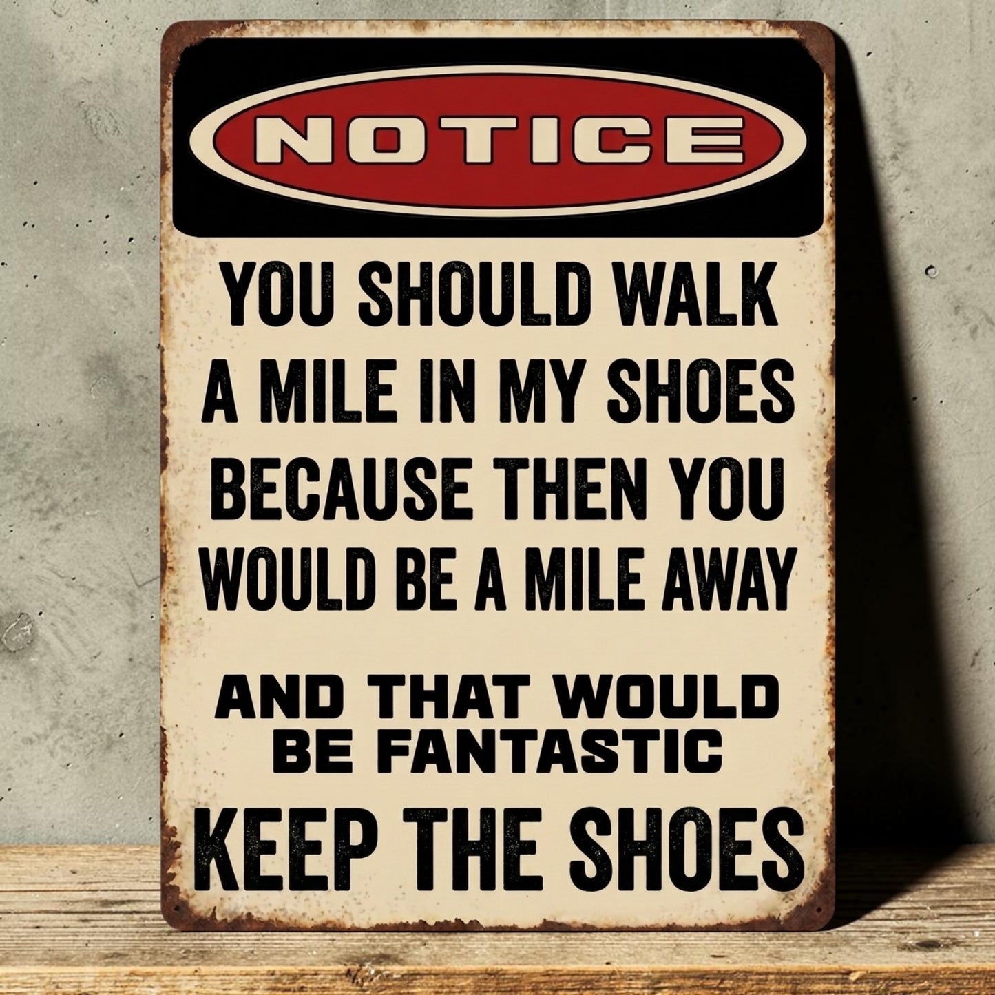 Notice You Should Walk a Mile in My Shoes Sign – Funny Industrial Aluminum Man Cave Decor