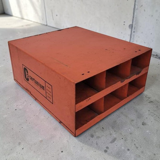 Vintage Certanium metal welding rod cabinet with six-compartment industrial storage.