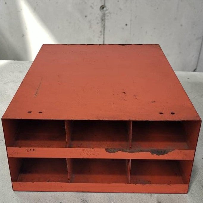 Vintage Certanium metal welding rod cabinet with six-compartment industrial storage.