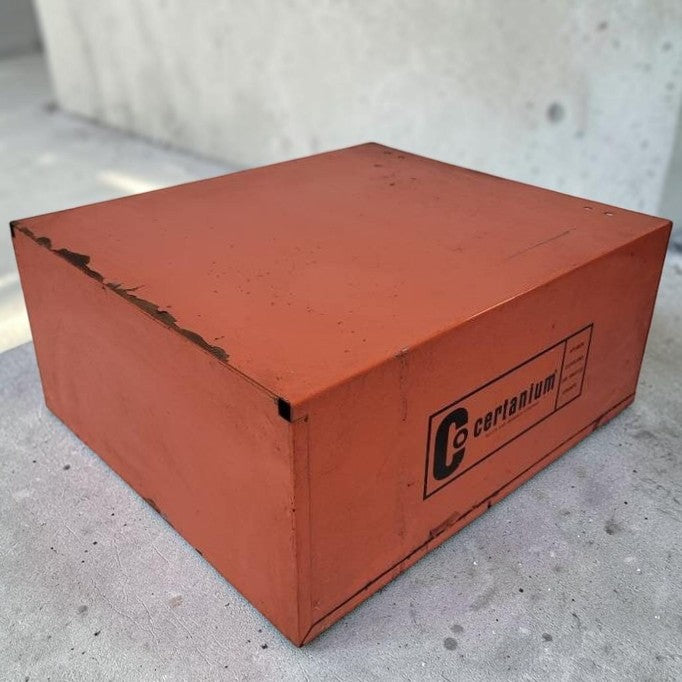 Vintage Certanium metal welding rod cabinet with six-compartment industrial storage.