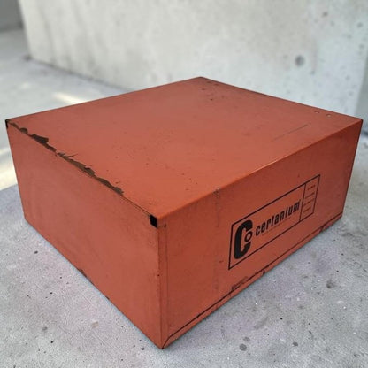 Vintage Certanium metal welding rod cabinet with six-compartment industrial storage.