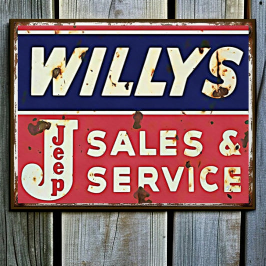 Vintage-style 'Willys Jeep Sales & Service' sign on a wooden background