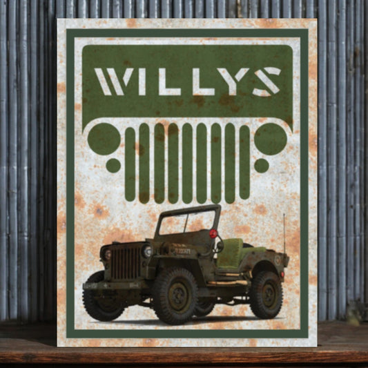 Vintage-style sign with a green jeep and 'Willys' branding on a rustic background.