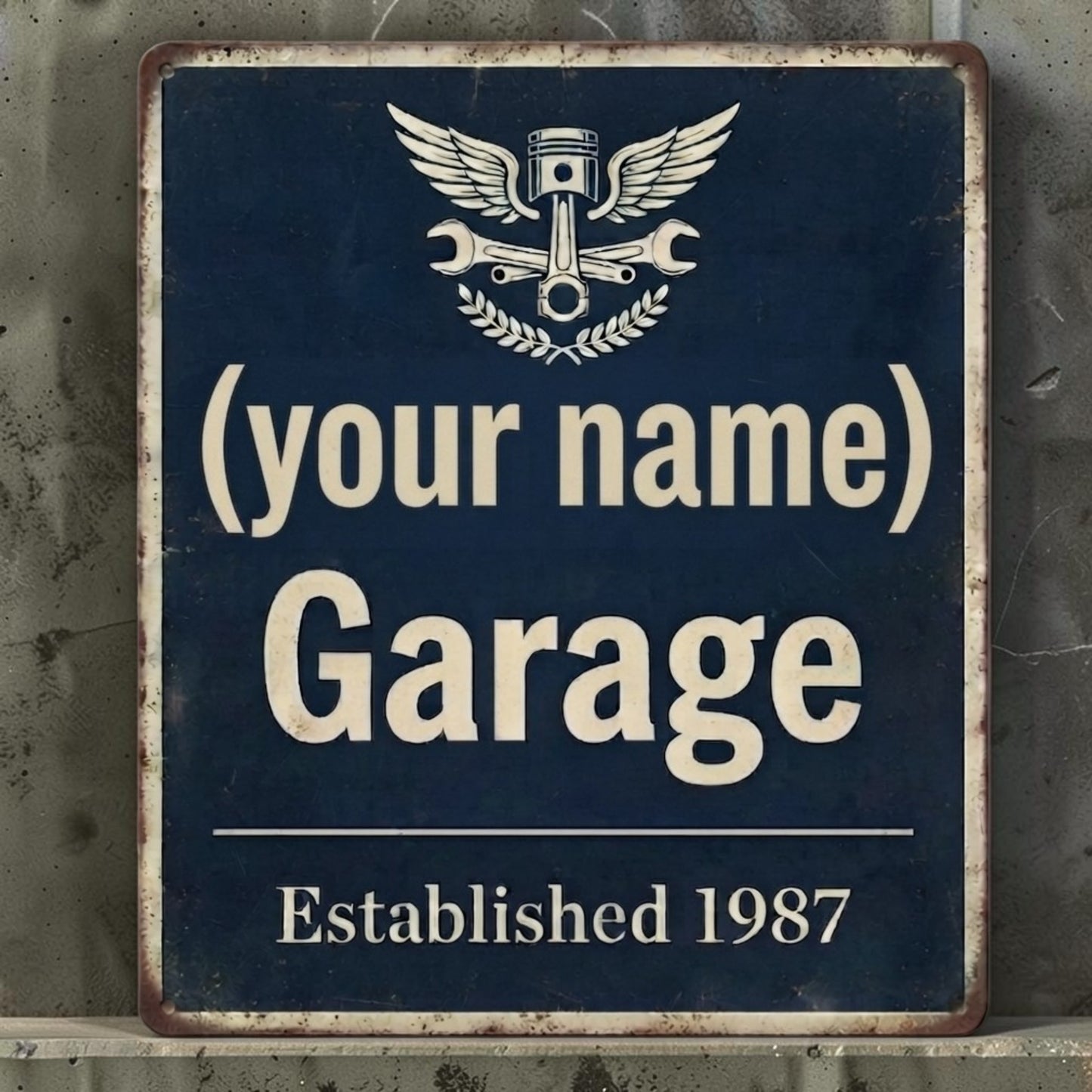 Personalized rustic metal garage sign with custom name and date.
