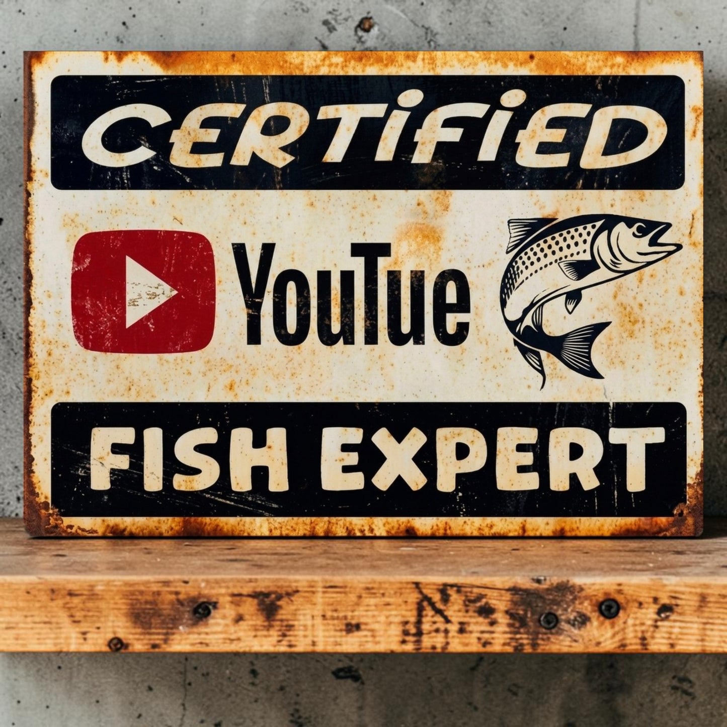 Rustic Certified YouTube Fish Expert sign for fishing, hunting lodge and man cave decor.
