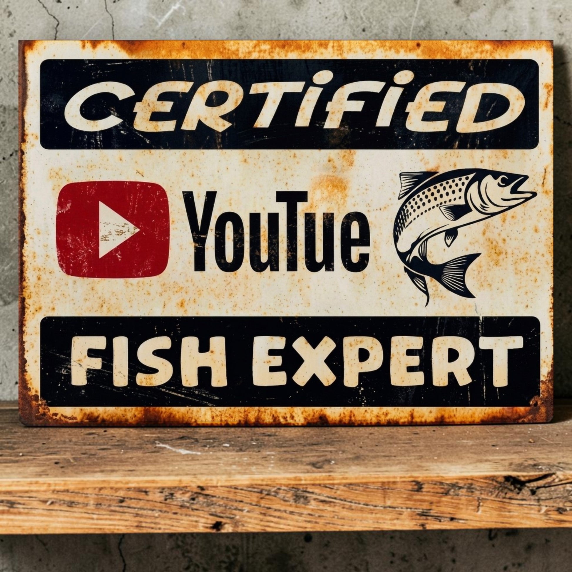 Rustic Certified YouTube Fish Expert sign for fishing, hunting lodge and man cave decor.
