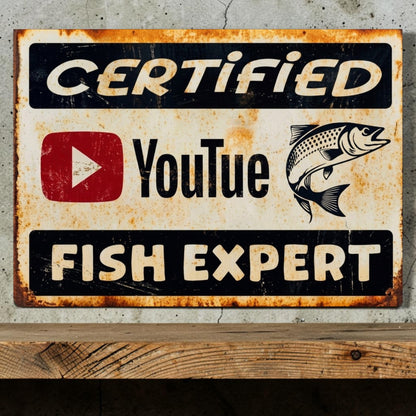 Rustic Certified YouTube Fish Expert sign for fishing, hunting lodge and man cave decor.
