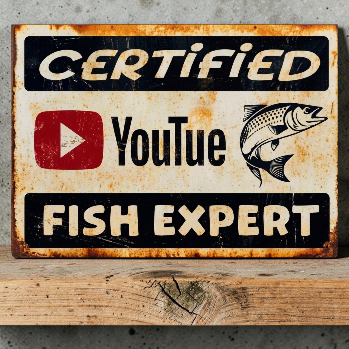 Rustic Certified YouTube Fish Expert sign for fishing, hunting lodge and man cave decor.

