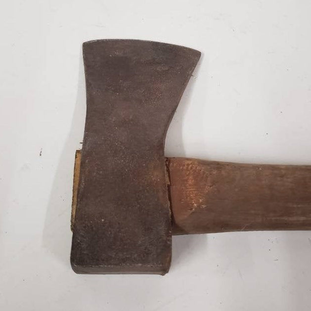 Antique timber framing hatchet with original wooden handle and unique head
