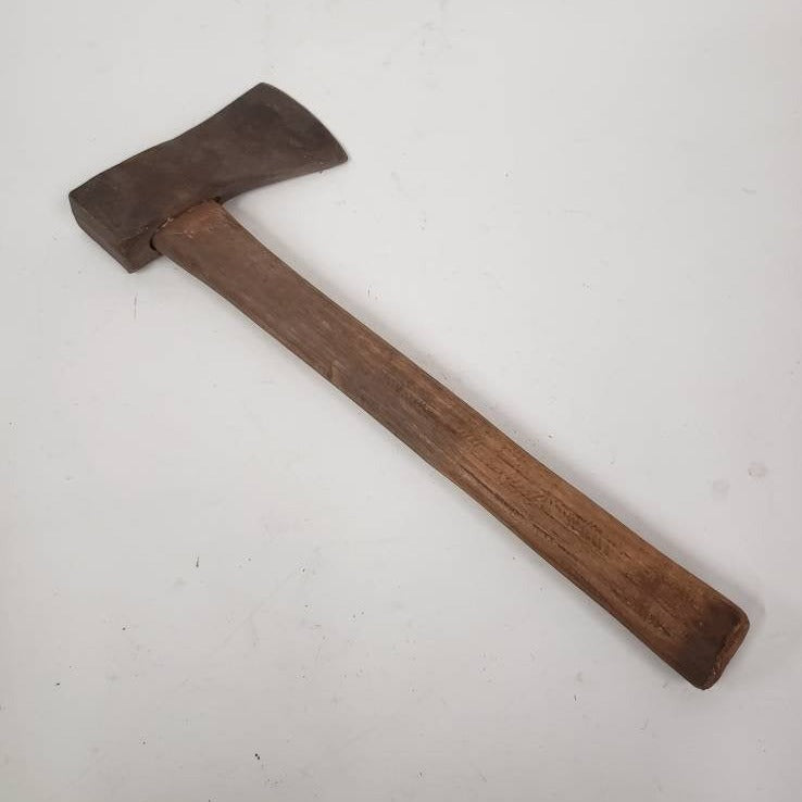 Antique timber framing hatchet with original wooden handle and unique head
