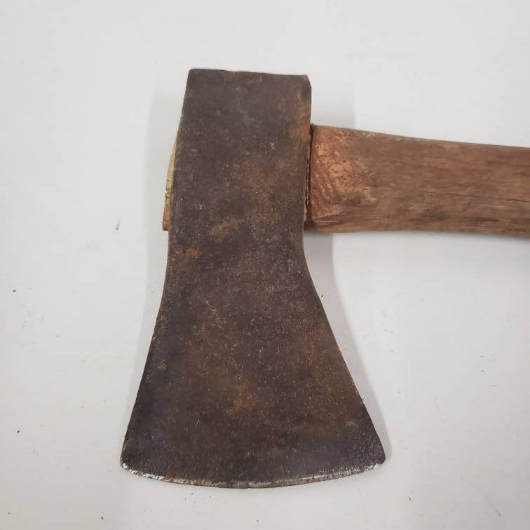 Antique timber framing hatchet with original wooden handle and unique head
