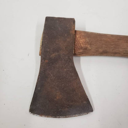 Antique timber framing hatchet with original wooden handle and unique head

