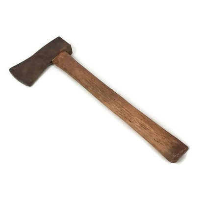 Antique timber framing hatchet with original wooden handle and unique head
