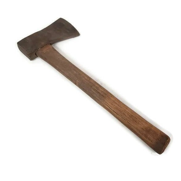 Antique timber framing hatchet with original wooden handle and unique head
