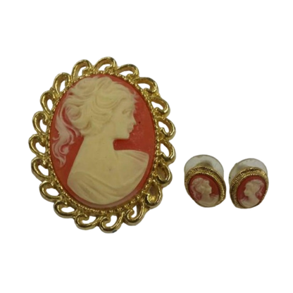 Vintage Cameo Brooch And Earrings Evening Dress Set