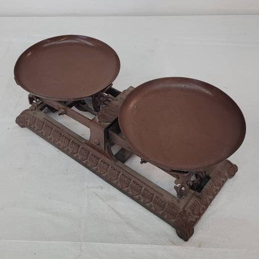 antique balance scale cast iron with two dishes