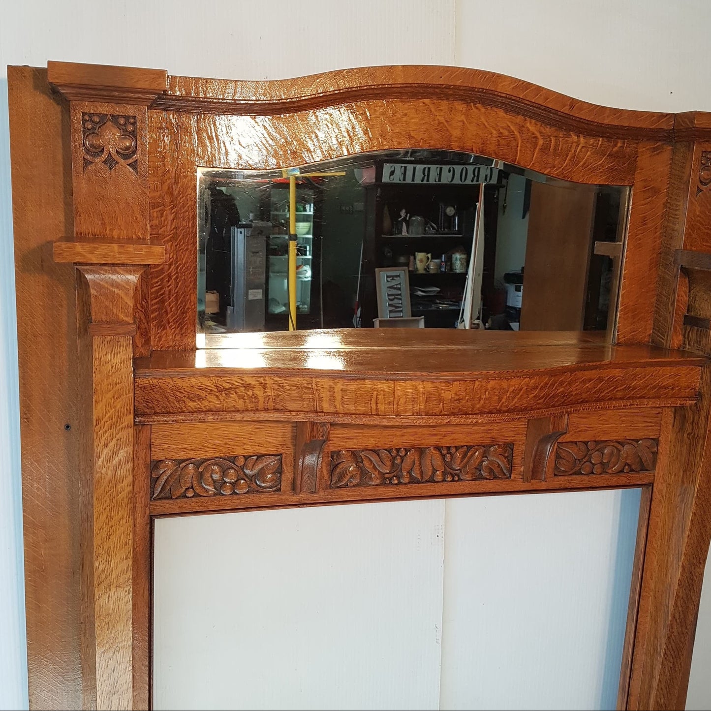 Oak Fireplace Mantle Antique 1/4 Sawn With Bevelled Mirror Arts And Crafts