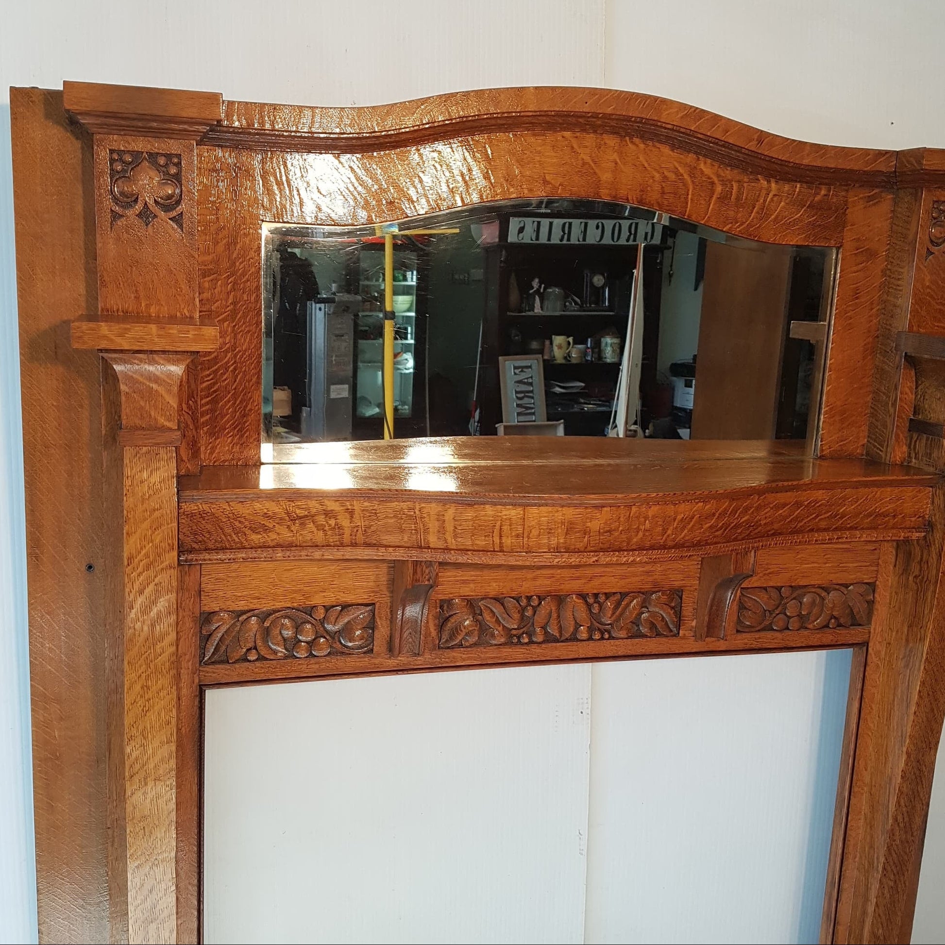 Oak Fireplace Mantle Antique 1/4 Sawn With Bevelled Mirror Arts And Crafts