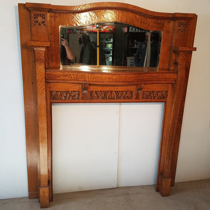 Oak Fireplace Mantle Antique 1/4 Sawn With Bevelled Mirror Arts And Crafts