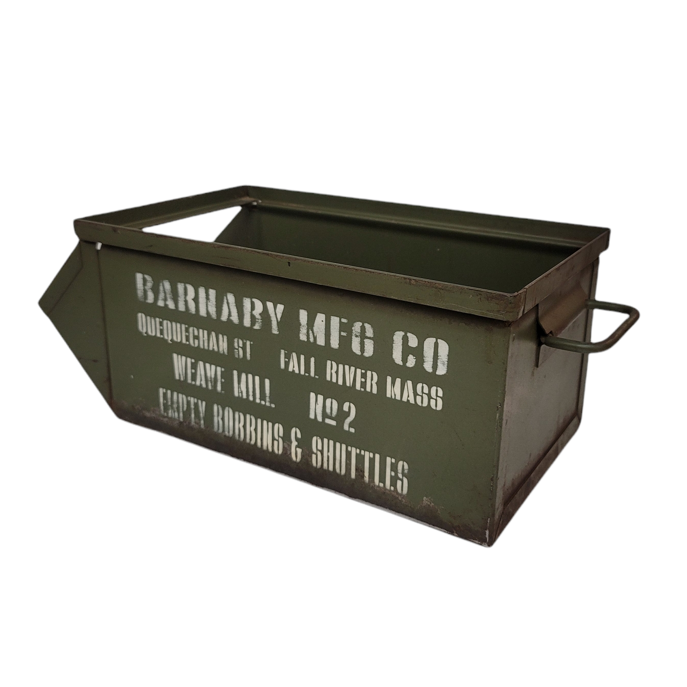 antique bin industrial metal box barnaby mfg co fall river mass textile mill bobbin and shuttle box